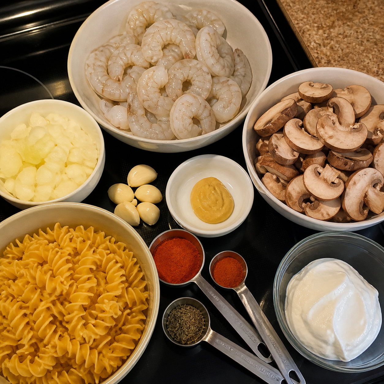 Creamy Blackened Shrimp Stroganoff ingredients detail photo