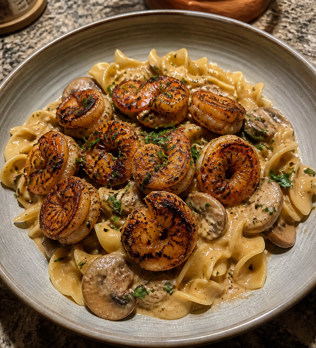 Creamy Blackened Shrimp Stroganoff finished plate