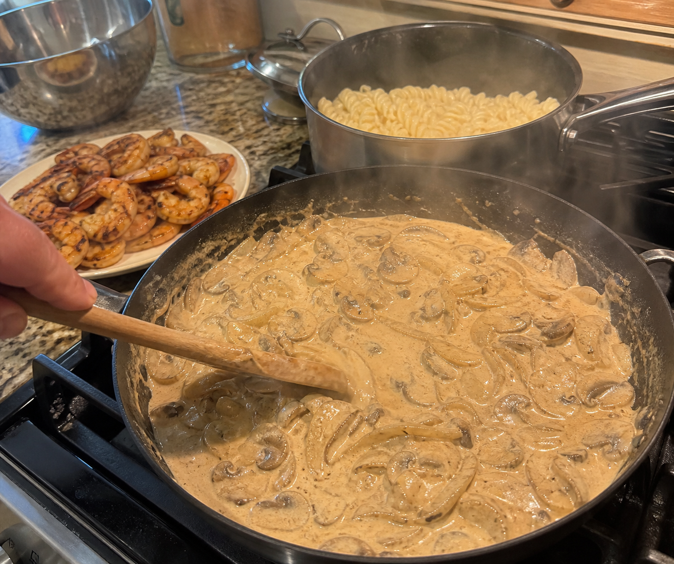Creamy Blackened Shrimp Stroganoff prep and process photo