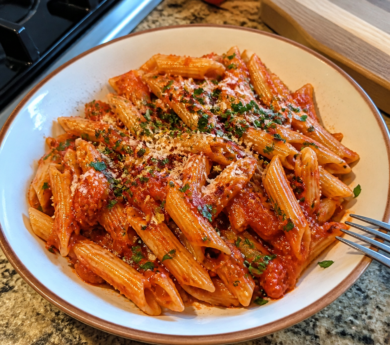 Spicy Penne Arrabbiata with Protein-Packed Options finished plate