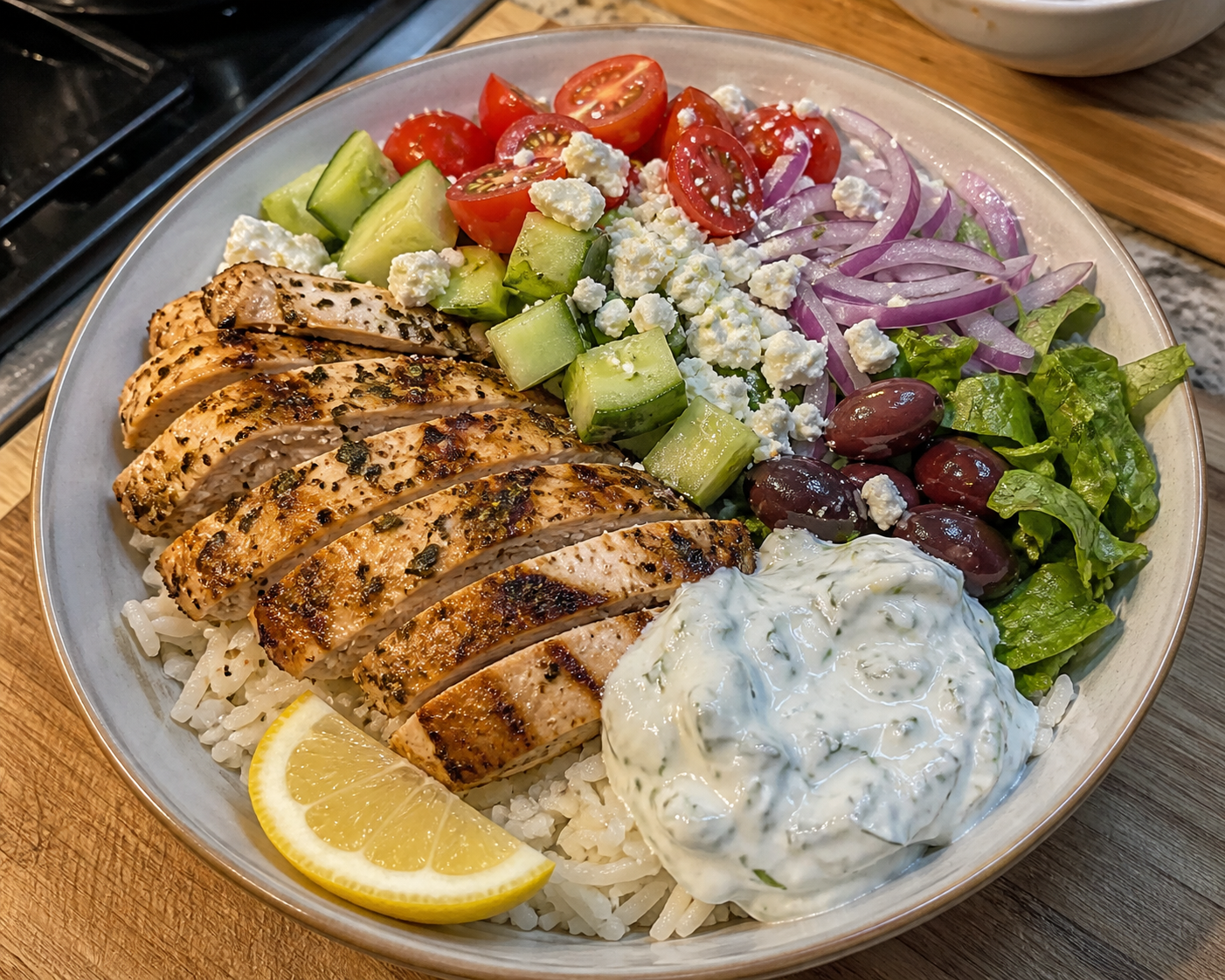 High-Protein Greek Chicken Bowls with Tzatziki finished plate