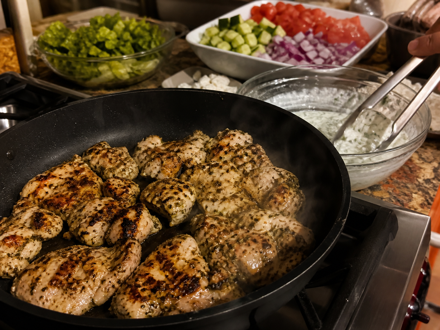 High-Protein Greek Chicken Bowls with Tzatziki prep and process photo
