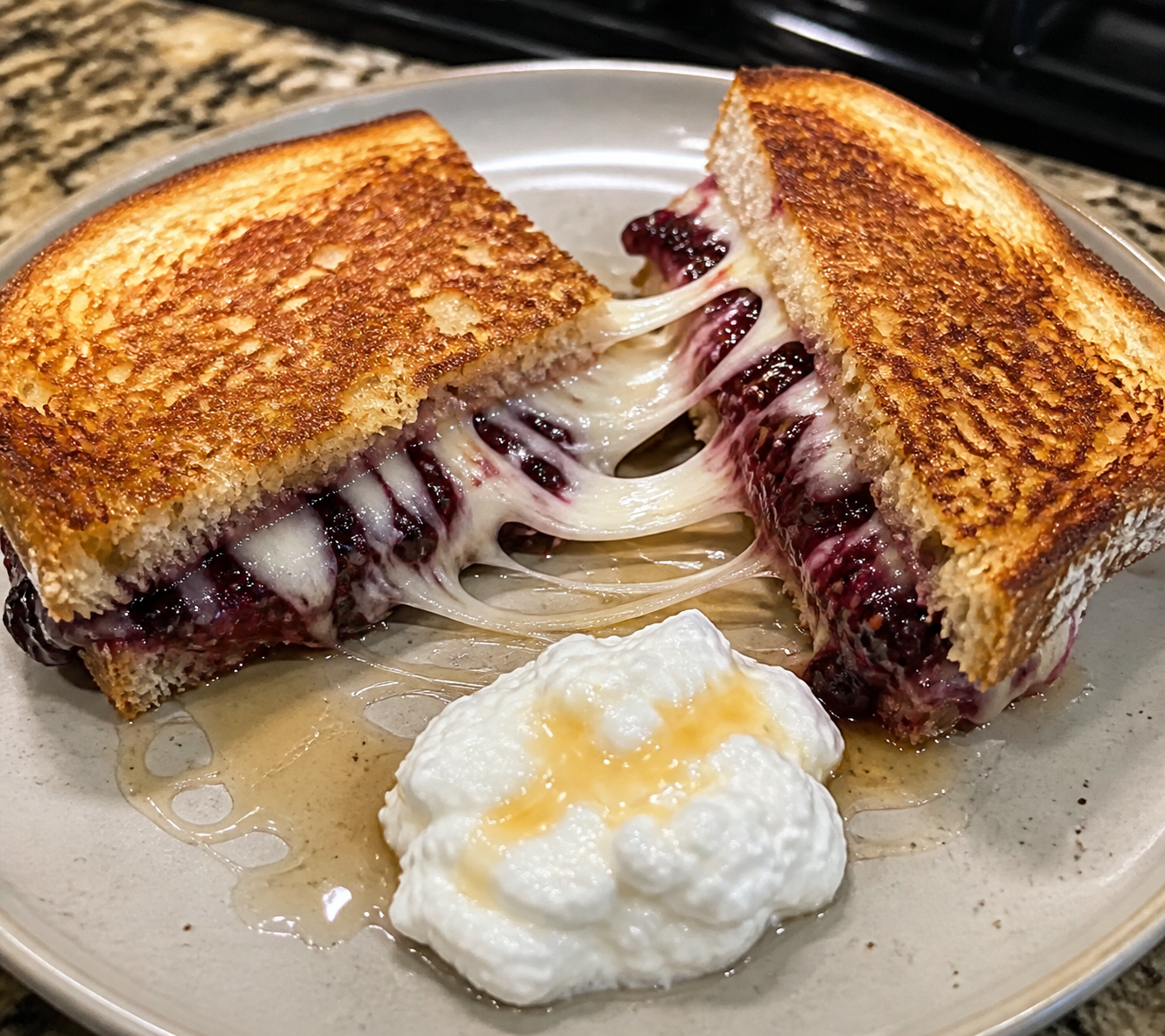 High-Protein Blueberry Grilled Cheese with Honey finished plate