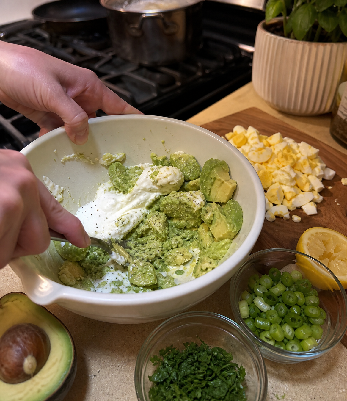 Zesty Avocado Egg Salad with Lemon, Herbs, and Crunch prep and process photo
